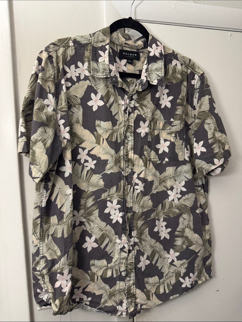 PacSun Gray Shirt with Green Leaf & White Floral Print